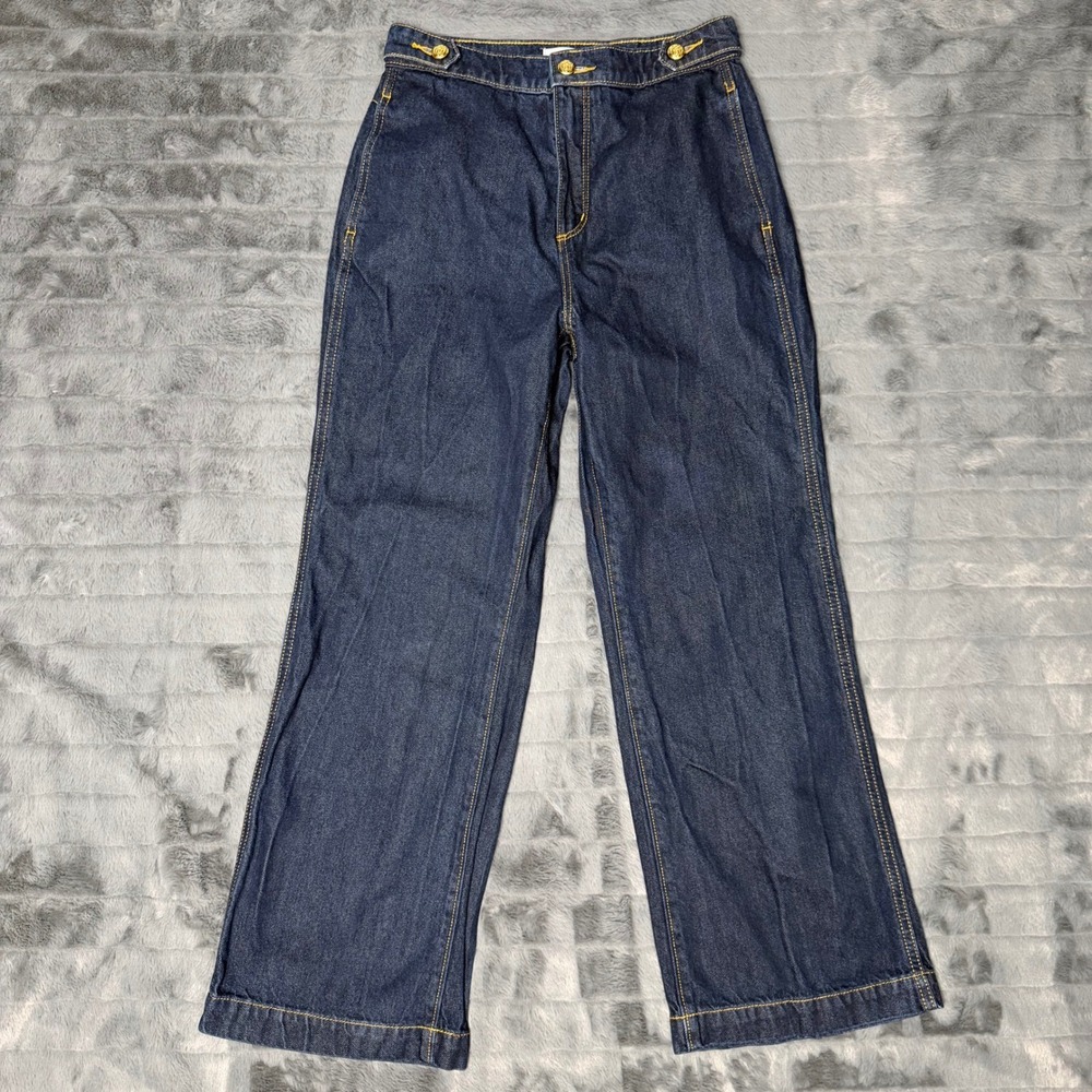 LOFT The Trouser Wide Leg Jeans Dark Wash Sailor Gold Button Petite 25/0